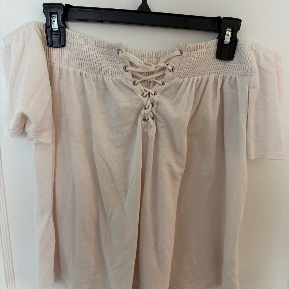 American Eagle Outfitters Cream Lace-Up Off the Shoulder Blouse
